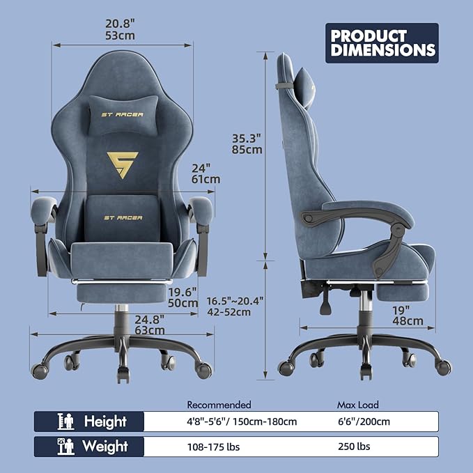 Huracan Velvet Fabric Gaming Chair with Footrest for Adults Ergonomic Gaming Chairs with Massage Lumbar Reclining Racing Computer Chair with Spring Cushion for Home Office Video Game Grey