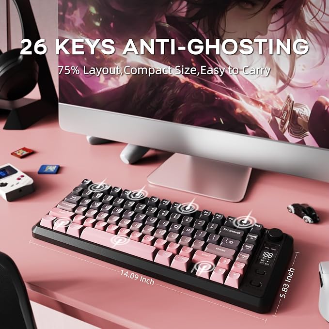 M75 Wireless Gaming Keyboard Mechanical Feel Membrane with Knob &amp OLED Display Bluetooth/2.4Ghz Rainbow Backlit Gradient PBT Keycaps 2000mAH Battery Anti-Ghosting-Pink