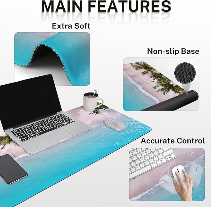 Britimes Blue Turquoise Ocean Keyboard Mouse Pad Set Beach Summer 4in1 Large Mousepad+Keyboard Wrist Rest+Mouse Wrist Rest+Coaster Ergonomic Design for Home Office Computer 35.4x15.7 inches