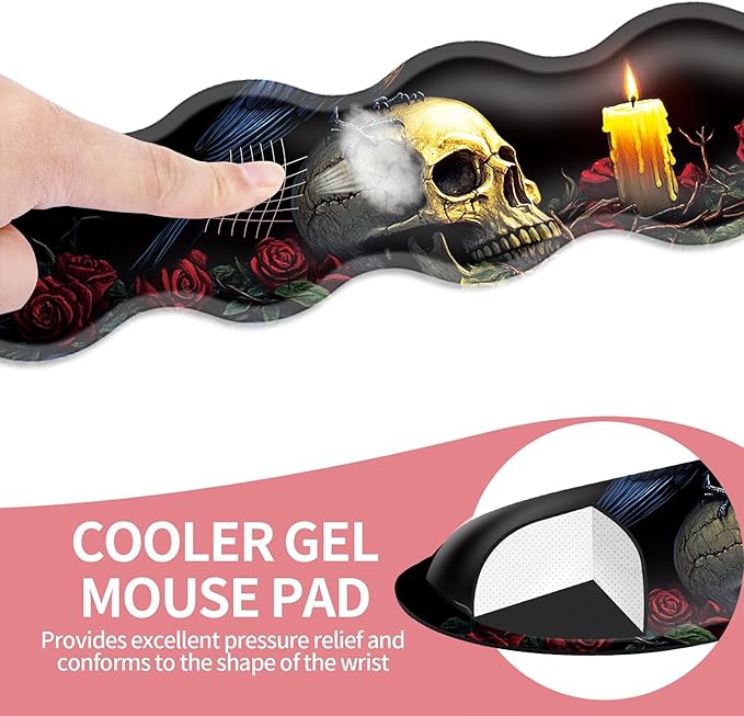 Large Gaming Mouse Pad Keyboard Wrist Rest Pad &amp Wrist Support Mousepad Set Stitched Edge Extended Non-Slip Base Memory Foam Desk Mat for Office HomeRaven on Skull