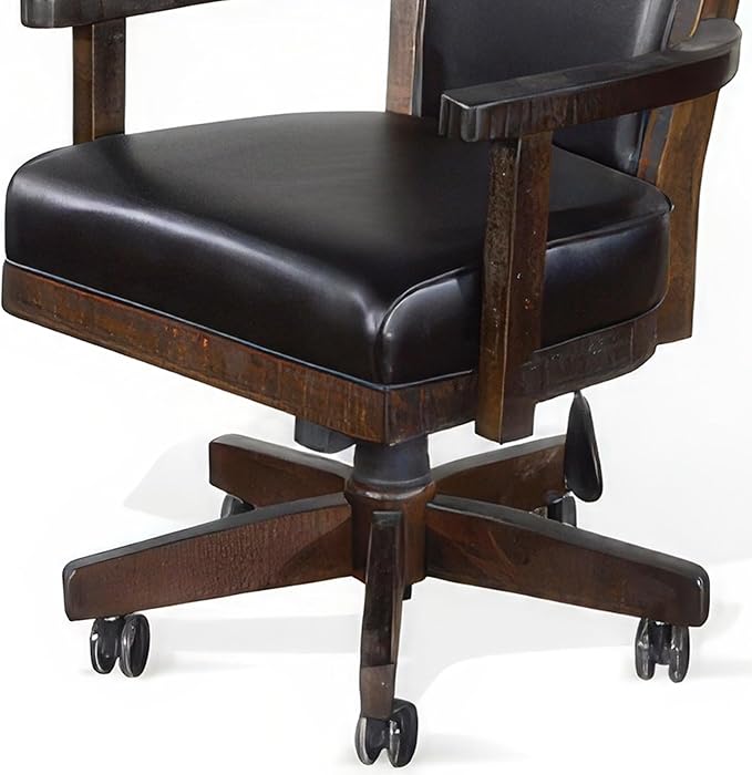 Benzara Flint Rolling Swivel Game Chair- Black Faux Leather- Dark Brown Wood