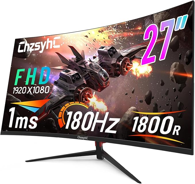 27 Inch Curved 180Hz Gaming Monitor 1800R Curved Gaming Monitor 1ms MPRT FHD(1920×1080P) Freesync HDMI2.0DP1.4 VESA Mountable(DP&ampHDMI Cable Incl.)