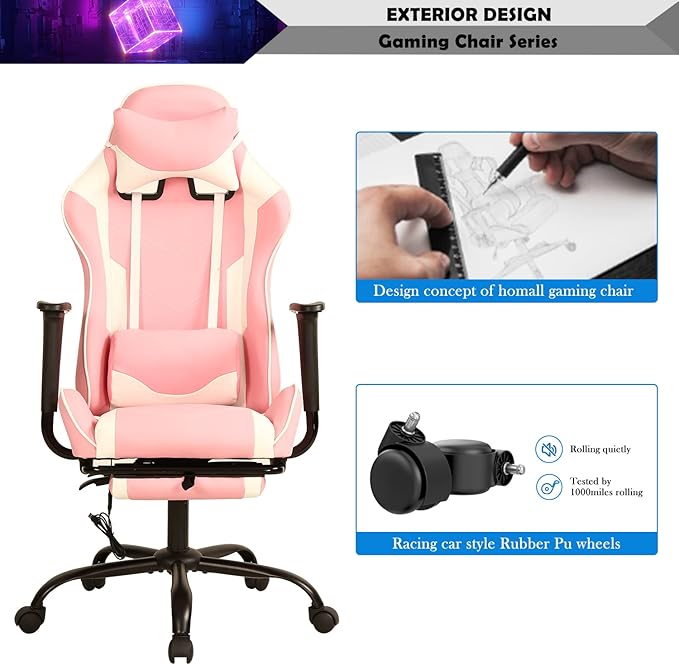 Pink Gaming Chair with Footrest Big and Tall Gaming Chairs for Adults Leather Computer Desk Chair for High Back Height Adjustable Reclining Gamer Chair with 360° Swivel Wheels &amp Lumbar Support