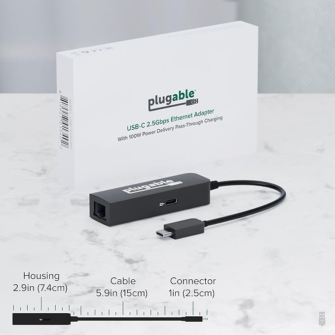 Plugable USB C to Ethernet Adapter 2.5Gb with 100W USB-C PD Charging 2.5 Gigabit Type C USB Ethernet Adapter for Windows MacBook Chrome iPad Surface XPS Thunderbolt 4 USB4 (USBC-E2500PD)