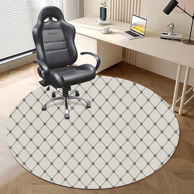 White Grey PU Leather Round Floor Mats for Office Chair Geometric Repeating Dotted Rhombuses Under Computer Desk Floor Protector for Rolling Chairs Non Slip Anti Scratches Modern Diameter 55 in