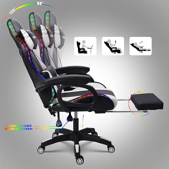 Video Gaming Chair with FootrestGame Chair with Bluetooth SpeakersComputer Chair with LED LightsErgonomic Massage Gaming Chair with Massage Function360°Swivel 90°-135° Adjustment Backrest (White)