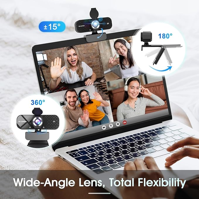 2K HD Webcam with Wide Angle Lens Privacy CoverAuto Light Correction and Noise-Canceling Mic Plug &amp Play USB Camera for Mac/Laptop/PC Compatible with Zoom Skype Teams