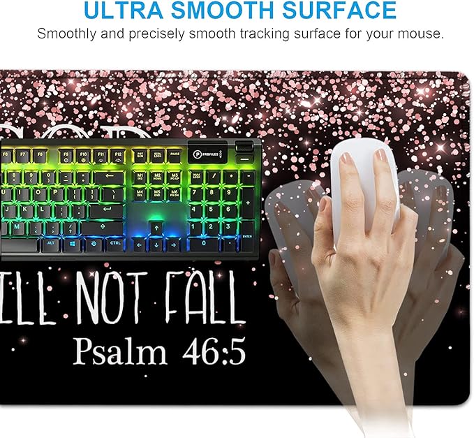 Large Gaming Mouse Pad Memory Foam Keyboard Wrist Rest Extended Office Desk Mat Office Desk Pad with Stitched Edges Laptop Desk Table Protector Rose Gold Glitter Psalm 46:5 Black Writing Mat