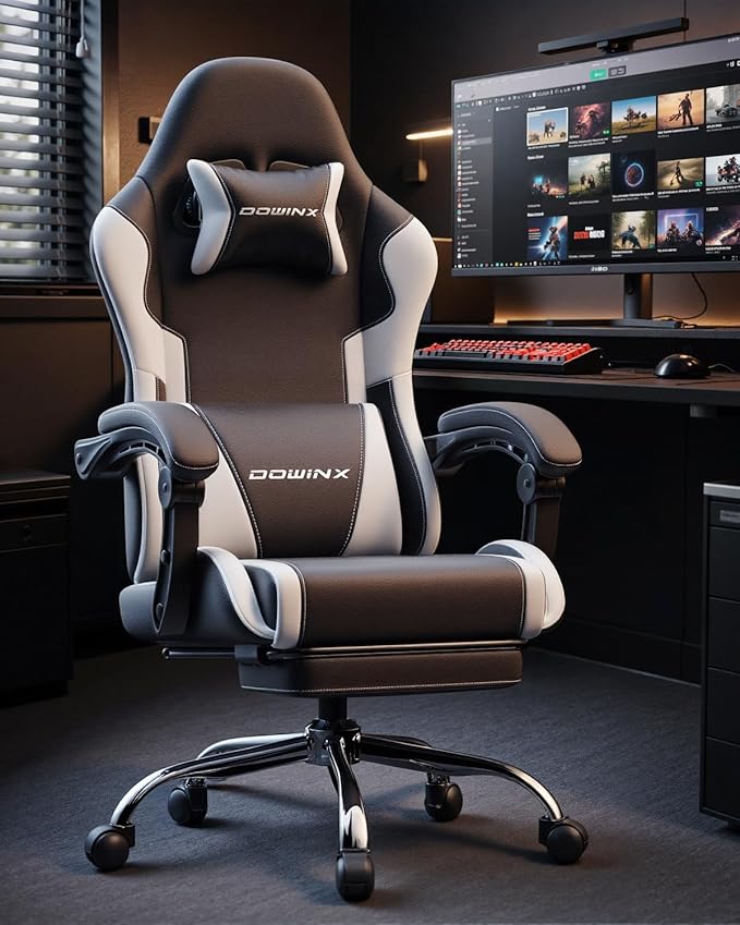 Dowinx Ergonomic Gaming Chair with Footrest &amp Massage Lumbar 2D-Linkage Armrests for Computer Chair 330lbs with Headrest Pillow for Office Home Streaming and Long Gaming Sessions White