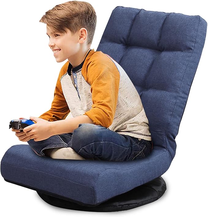 Swivel Floor Chair for Adults with Back Support Adjustable Floor Gaming Chair for TV Reading Playing Video GamesFloor Lounge Chair with Lumbar Support Folding Design 8858Z(Blue)