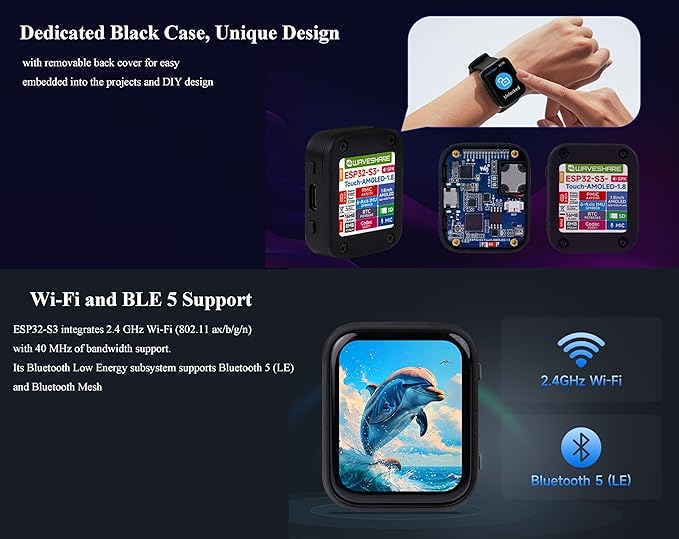 ESP32-S3 1.8inch AMOLED Touch Display Development Board 32-bit LX7 Dual-Core Processor 368×448 Pixels Onboard Audio Codec Support Offline Speech Recognition and AI Speech Interaction