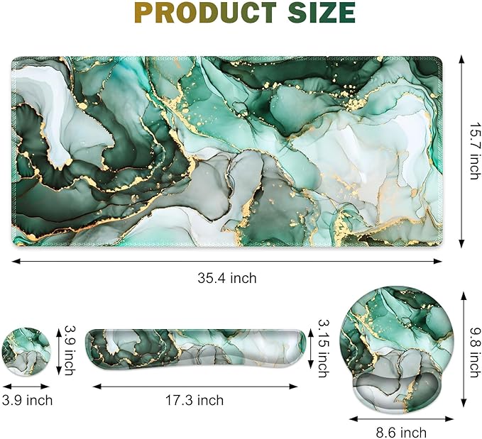 Gaming Mouse Pad Large Desk Mat Cute Desk Pad Protector 4in1 XXL Mousepad + Keyboard Wrist Rest+Mouse Wrist Rest+Coaster Set with Ergonomic Desk Pad for Home Office PC Computer Green Marble