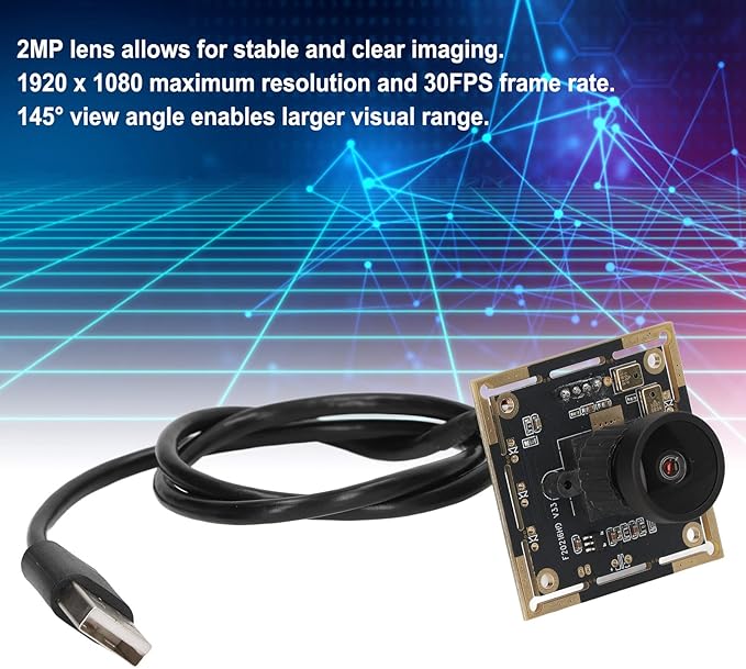 Camera Module USB Camera Board HD Wide Angle 2MP 1920x1080 Resolution 145° Field of View with Dual Microphones for Machine Vision Embedded Systems Black