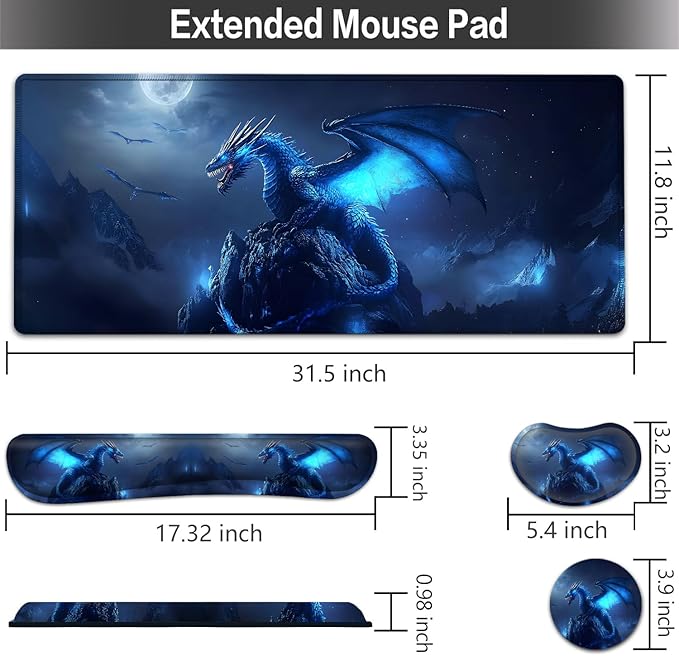 Large Mouse pad and Keyboard Support Set Ergonomic Memory Foam Keyboard Wrist Rest Extended Gaming Mouse Pad with Stitched Edges Blue Dragon XXL Desk Mat (31.5 X 11.8 in) for Home Office