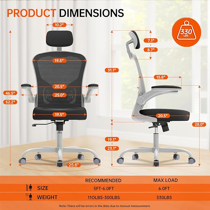 Synorla Office Chair Ergonomic Desk Chair 330LBS Capacity High Back Computer Design for Long Hours Comfort Rolling Swivel for Home Office Flip-up Armrests（Grey Black）