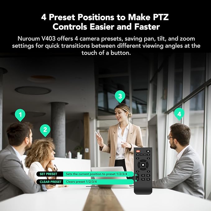 NUROUM V403 PTZ Camera 5X Optical Room Video Conference Webcam AI Noise Cancelling Microphones 350° Pan&amp60° Tilt 4 Preset Positions 122° FOV 1080P for Zoom/Teams/Google Meet