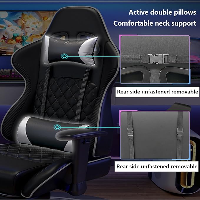 Gaming Chair Computer Chair with Footrest Breathable PVC Leather Video Game Chairs with Lumbar Support and Headrest 360 Degree Swivel Chair with Adjustable Ergonomic Backrest for Adults