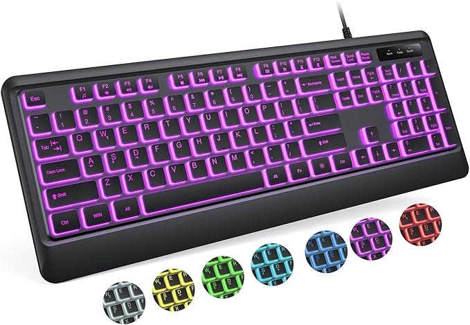 Backlit Computer Keyboards Wired USB LED Keyboard with 7 Colors Backlight Plug and Play Waterproof Full Size Quiet Computer Keyboard for Windows Desktop PC Laptop Gaming