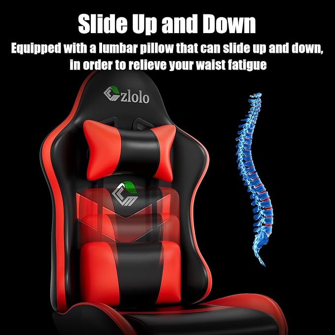 Gaming Chair Ergonomic Office Computer Chair with Footrest and Lumbar Support Massager Racing Style High Back Video Gamer Chair Wide＆Thick Cushion 90°-135° Recline Adjustable Height Red