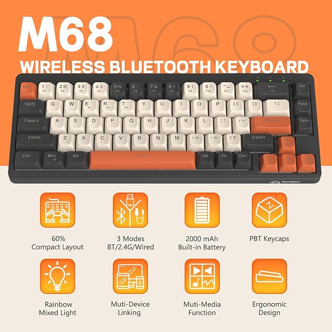 M68 65% Wireless Gaming KeyboardBluetooth/2.4GHz/ Wired Tri-Mode Silent Membrane KeyboardPBT Keycaps2000mAH Rechargeable67 Keys Rainbow LED Backlit PC Gaming Keyboard for Win/Mac-Shimmer