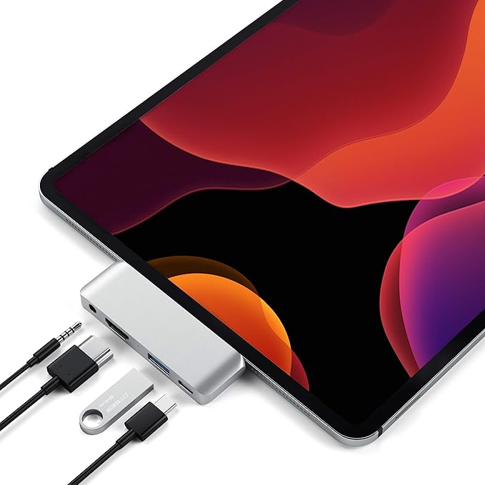 Satechi Type-C Mobile Pro Hub Adapter with USB-C PD Charging 4K HDMI USB 3.0 &amp 3.5mm Headphone Jack – for M2/ M1 iPad Pro M1 iPad Air iPad mini and More (Silver)