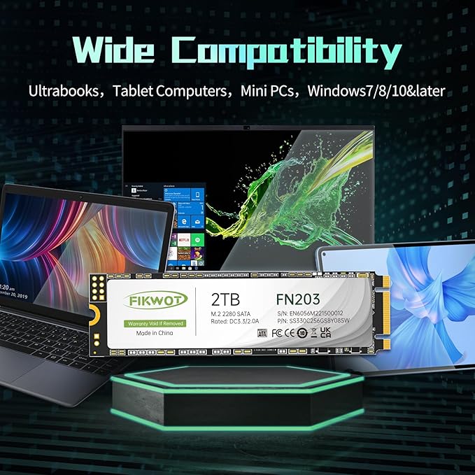 FN203 M.2 SATA SSD - SLC Cache 3D NAND TLC SATA III 6Gb/s M.2 2280 NGFF Internal Solid State Drive Up to 550MB/s Compatible with Ultrabooks Tablet Computers and Mini PCs (2TB)