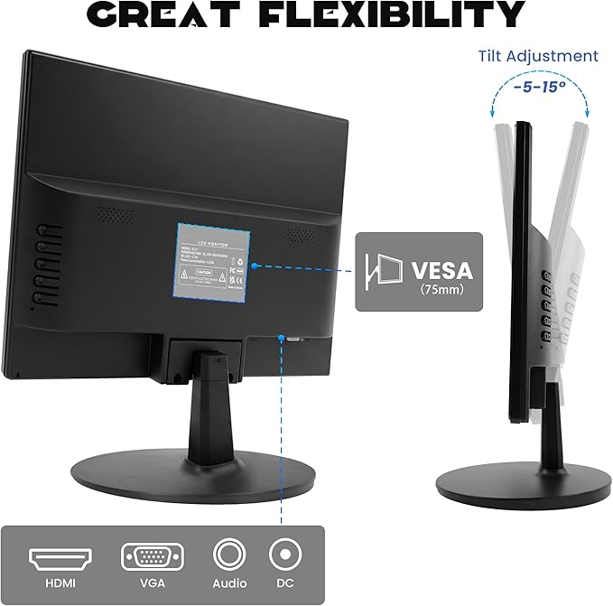 15.4-inch Monitor 1200x800 Resolution PC Monitor with HDMI VGA 60Hz Refresh Rate VESA Wall Mount Support Ideal for Office and Home Use Black