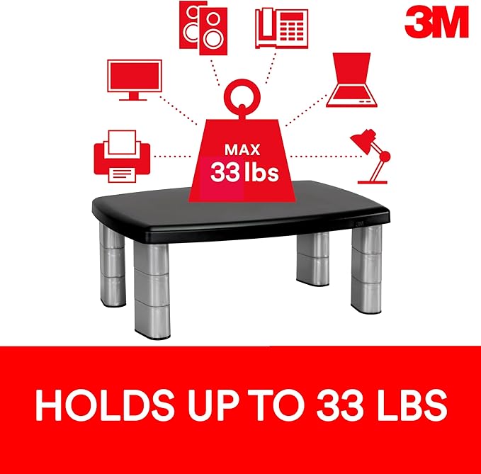 3M Adjustable Monitor Stand with 4-Port USB Hub Black Great for Computer Monitors Laptops TVs Speakers Printers and More