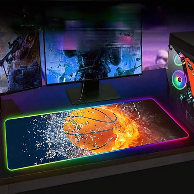 XL RGB Gaming Mouse Pad with 14 Light Modes - Light Up Gamer Mouse Pad31.5 x 11.8in Non-Slip Basketball Style Led Large Gamer Mousepad Black Long Glowing Gaming Accessories for Desk Waterproof