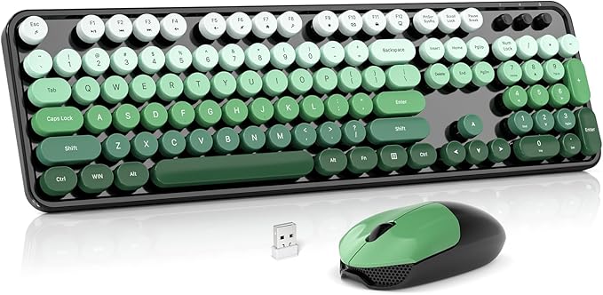 Wireless Keyboard and Mouse Combo MOWUX Full Size Typewriter Retro Round Computer Keyboard Cute Optical Mouse Wireless Plug and Play for Laptop PC Computer-Green Gradient Colorful