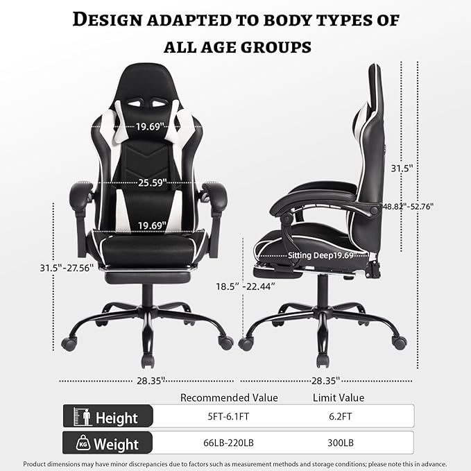 Gaming Chair Computer Chair with Footrest HeadrestLumbar Support and Ergonomic Adjustable Design for Office or Gaming (White)