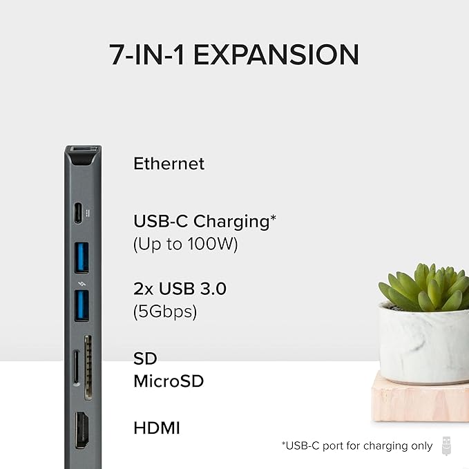 Plugable 7-in-1 USB C Hub Multiport Adapter with Ethernet Driverless Compatibility with Mac Windows iPhone 15 Chromebook USB4 Thunderbolt 100W Charging Ethernet 4K60Hz HDMI 2X USB SD/microSD