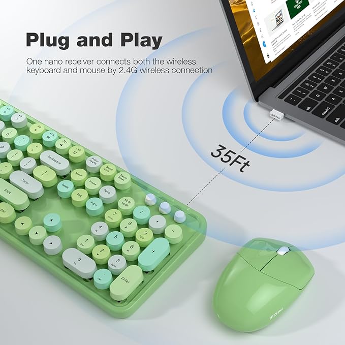 Wireless Keyboard and Mouse Combo MOWUX Colorful Computer Full Size 2.4G Plug and Play Wireless Typewriter Keyboard and Mouse Set for Windows Computer Desktop PC Notebook (Green Colorful)