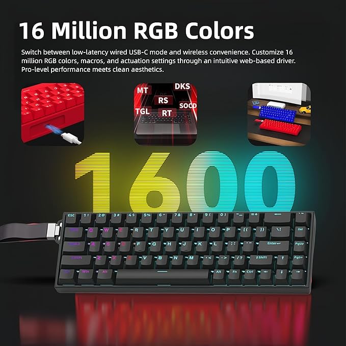 65% Mechanical Gaming Keyboard (68 Keys) 8K Hz Hall Effect Magnetic Switch 0.01mm Adjustable Actuation Rapid Trigger RGB Backlit Wireless/Wired Compact Keyboard for Gaming (Black)