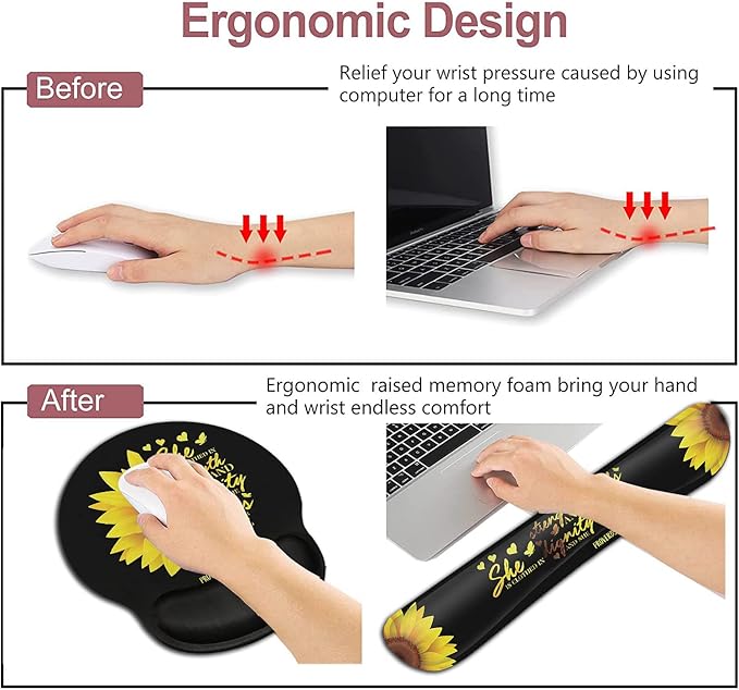 Mouse Pad Keyboard Wrist Rest Coaster Mouse Support SetSunflower Christian Bible Verse Black padErgonomic Memory Foam Mouse and Keyboard Pad Set for Laptop Computer Office Home Working Gaming
