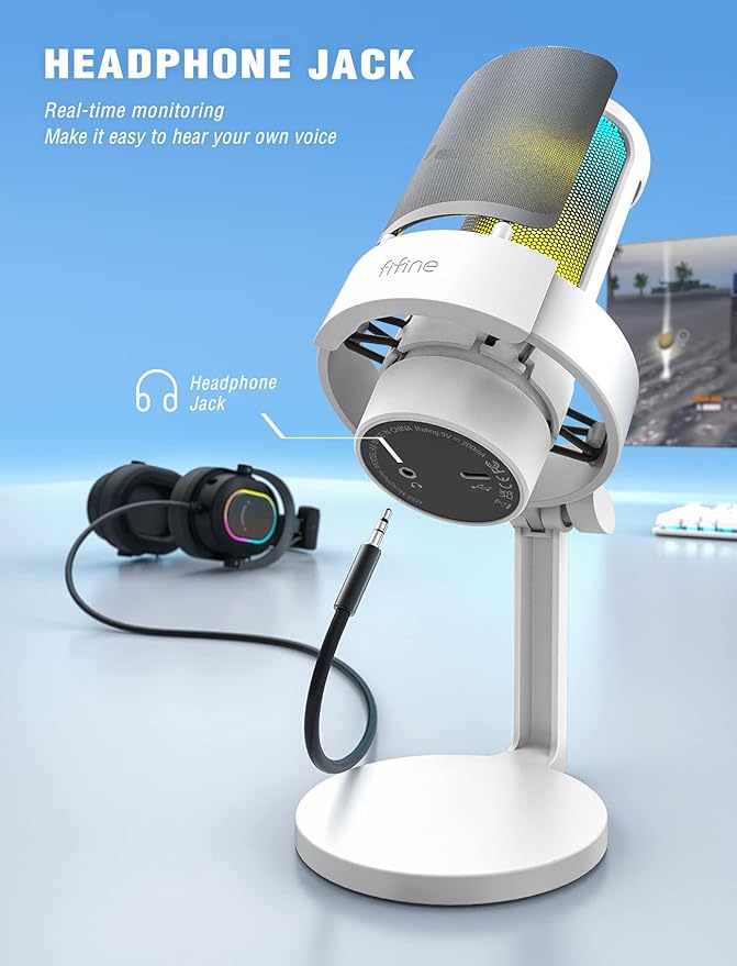 FIFINE Gaming USB PC Computer RGB Microphone for Live Streaming Meeting Podcasting Video Condenser Mic with Monitoring Headphone Jack Light Control for MAC OS/Windows-AmpliGame A8 White