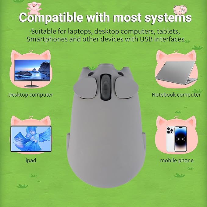 Cute Pig Design Wireless Mouse - Dual Mode Bluetooth &amp USB Silent Operation Ergonomic Ideal for Laptops &amp PCs for Animal Lovers and Family (Gray)