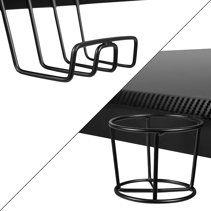 BizChair Black Gaming Desk and Red/Black Footrest Reclining Gaming Chair Set with Cup Holder Headphone Hook &amp 2 Wire Management Holes