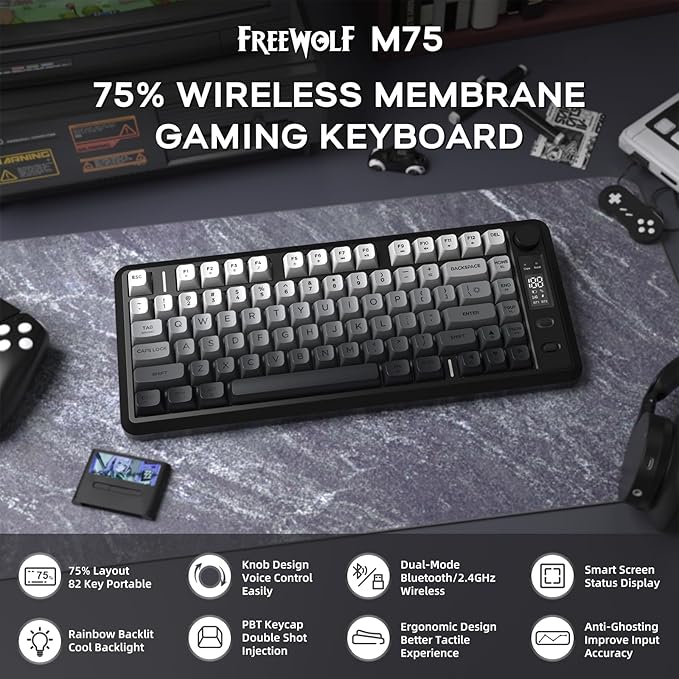 M75 Wireless Mechanical Feel Gaming Keyboard Bluetooth/2.4Ghz Membrane with Knob &amp OLED Display Rainbow Backlit Gradient PBT Keycaps 2000mAH Battery Anti-Ghosting-Moonnight