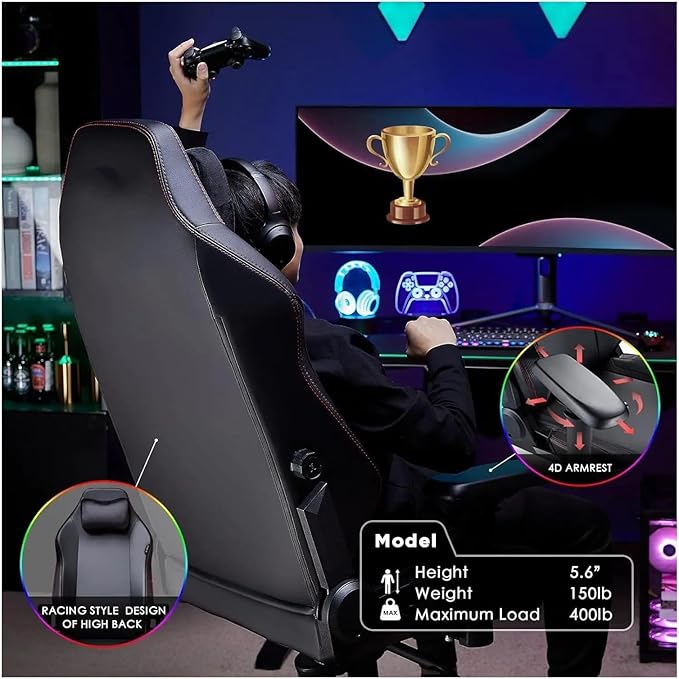 Office Chair Gaming Chair Ergonomic PC Game Chair- Lumbar Support Headrest 4D Armrests Computer Chair Big and Tall Comfortable(Black)