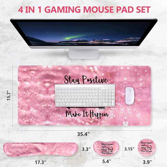 DINKY Keyboard Mouse Pad Set Large Gaming Mousepad + Memory Foam Ergonomic Keyboard Wrist Rest Support Easy Typing Pain Relief 4Pcs (35.4 x 15.7) Extended Desk Mat -Pink Glitter Letters