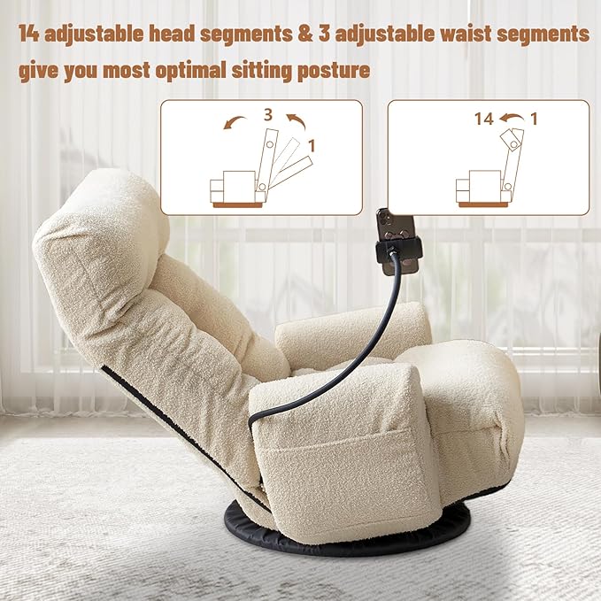 Teddy 360° Swivel Floor Gaming Sofa Chair - Beige | Adjustable Head &amp Waist Support Padded Cushion Folding Gaming Lounge Chair with Armrests &amp Phone Holder | Home Office