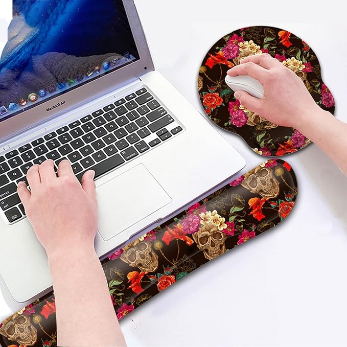 Gel Mouse Pad Wrist Support and Memory Foam Keyboard Wrist Rest in Office Accessories Set for Office Computer LaptopComfortable Lightweight for Easy Typing Pain ReliefRose Flower Skull Desk pad