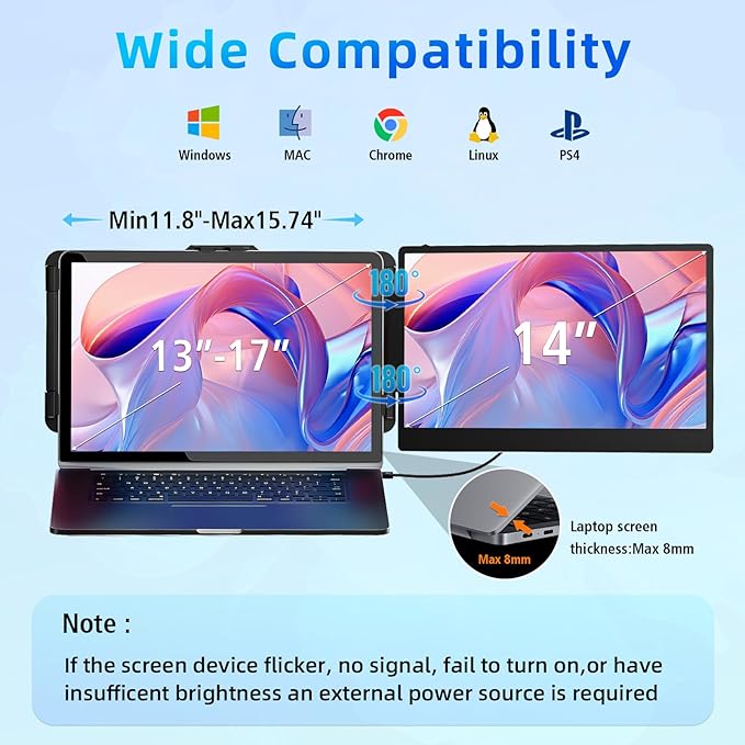 Laptop Screen Extender Travel Monitor - 14 Dual Portable Monitor IPS FHD 1080P Travel Work Extra Screen Plug and Play USB-C HDMI Port Compatible with Wins Mac Chrome Dex Fits 13-17 Laptops