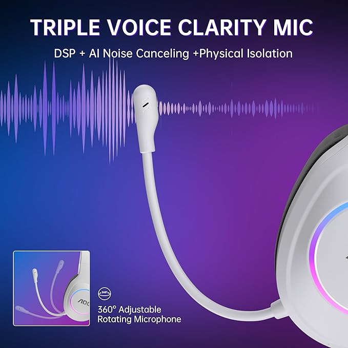 AOC Wireless Gaming Headset Compatible with ps5/4 PC USB-C &amp Bluetooth 5.4 &amp 2.4GHz Gaming Headphones with Noise Canceling Mic 7.1 Virtual Surround20ms Latency 45H RGB- White