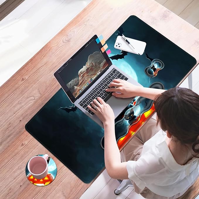 Mouse PadLarge Desk Mat Set 4in1 XL Mousepad + Keyboard Wrist Rest+Mouse Wrist Rest+Coaster with Ergonomic Desk Pad for Home Office Table Computer Cover -Halloween Kitten and Bats