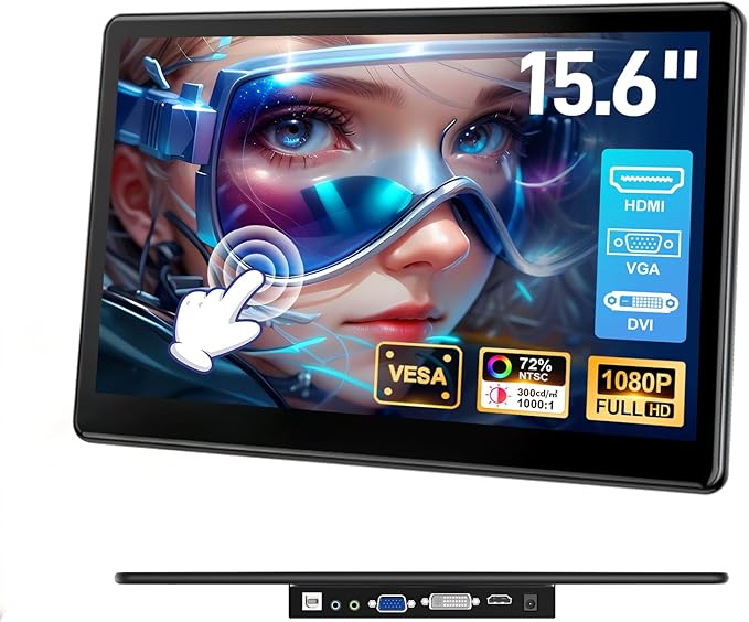 15.6 inch Portable Touchscreen Monitor with HDMI VGA DVI Ports Screen Extender FHD 1920×1080 IPS Small Touch Screen Display Compatible with Laptops PC PS5/4 Industrial (with Remote)