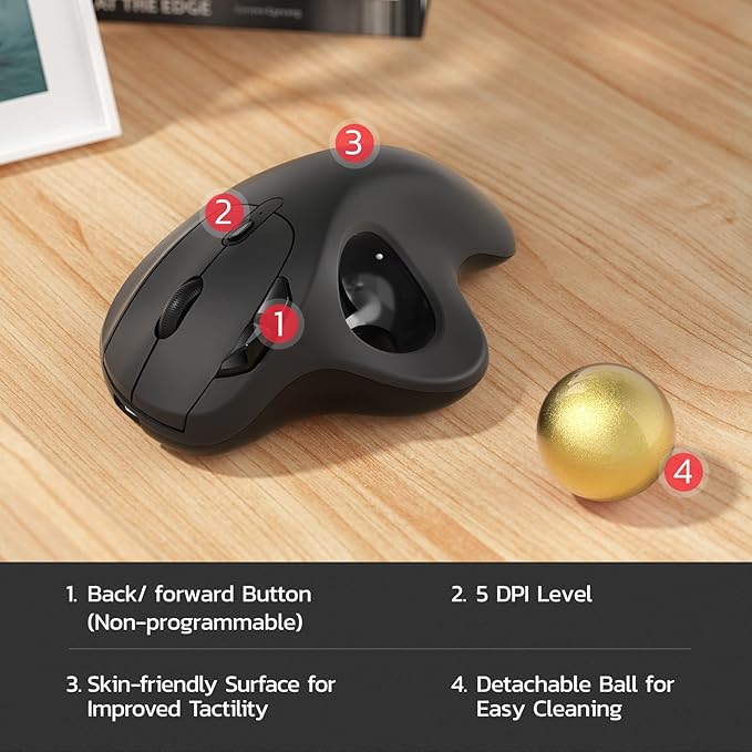 Nulea M501 Wireless Trackball Mouse Rechargeable Ergonomic Easy Thumb Control Precise &amp Smooth Tracking 3 Device Connection (Bluetooth or USB Receiver) Compatible for PC Laptop Mac Windows