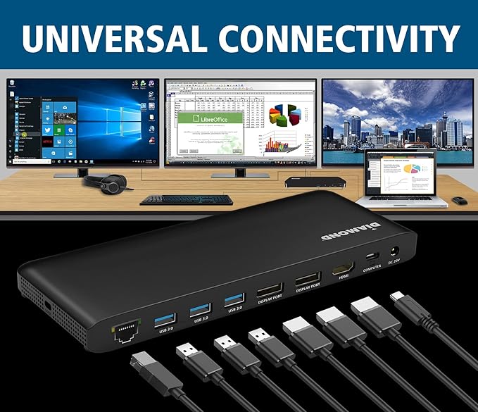 Diamond Multimedia USB-C Triple Display Docking Station with Charging Supports Windows Mac USB Type-C and Thunderbolt 3 Type-C 4K Monitors. x2 DisplayPort x4 USB 3.0 HDMI 65W PD (UDC1000)