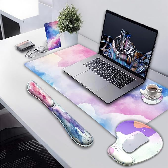 AQQA Colorful Star Large Mouse Pad Set Pink Desk Mat for Desktop Women Girls Purple Waterproof Desk PadMouse Wrist Rest+Coaster Ergonomic Design for Home Office Computer 31.5x15.7Inches